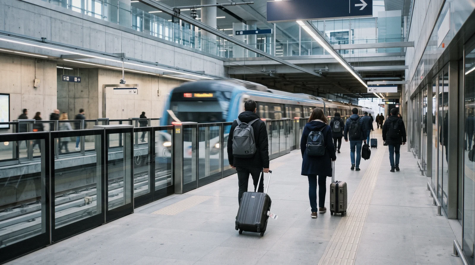 Travellers with luggage on the metro platform heading from Istanbul Airport into the city, Türkiye