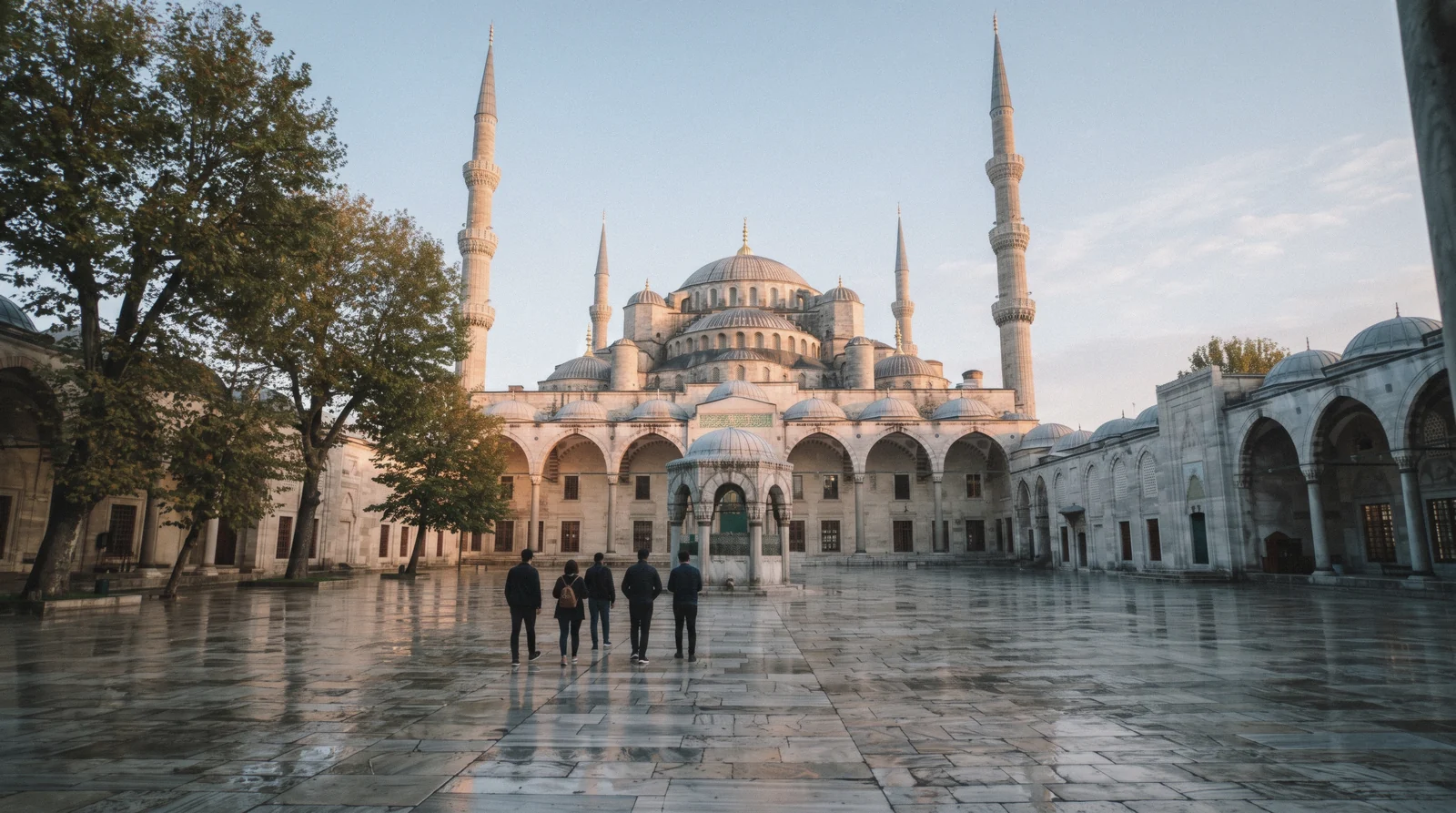 The six minarets and cascading domes of the Blue Mosque seen from the garden in Istanbul, Türkiye
