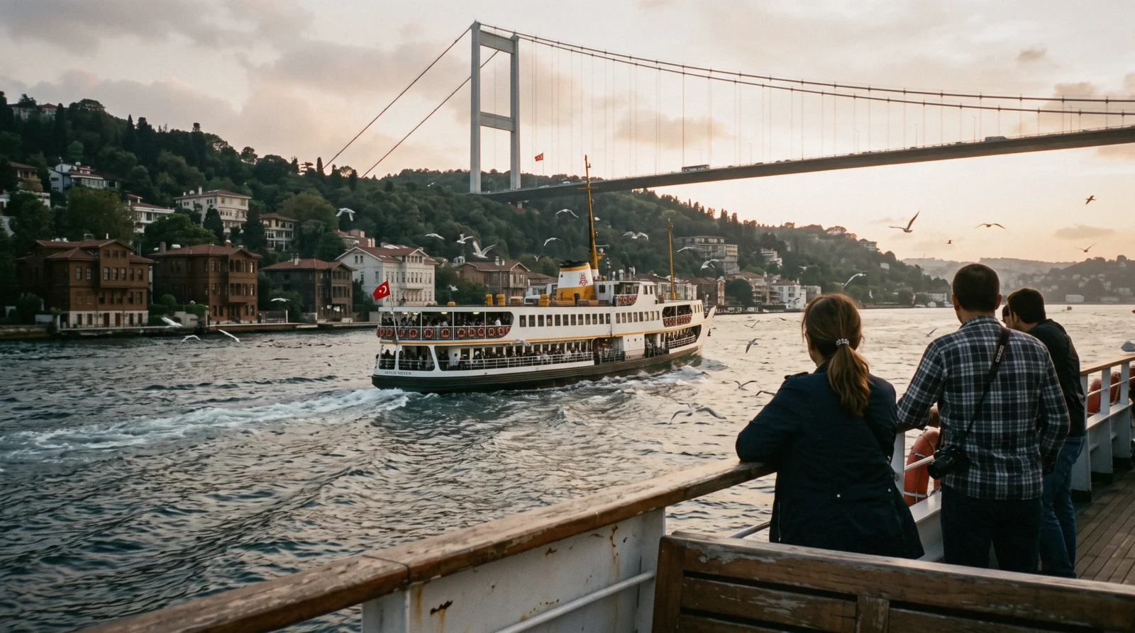 A ferry passing wooden yali houses and the bridge on a Bosphorus cruise in Istanbul, Türkiye