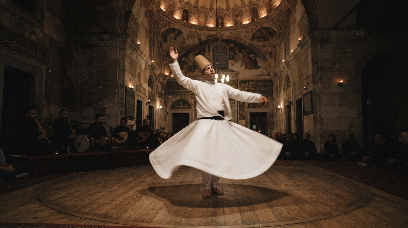 Whirling dervishes in white skirts turning under low light at a sema ceremony in Istanbul, Türkiye