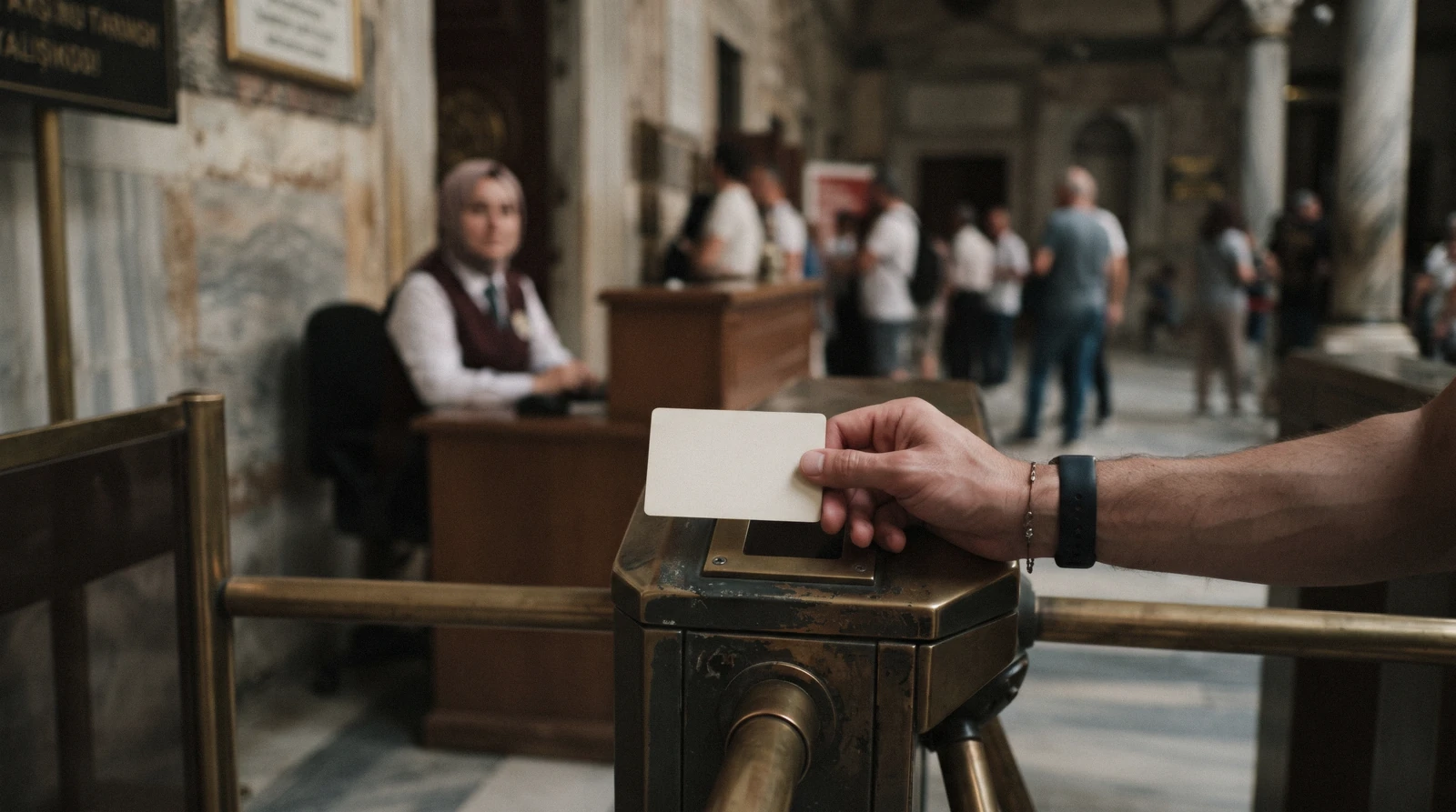 A visitor holding a museum pass card at a ticket gate in Istanbul, Türkiye