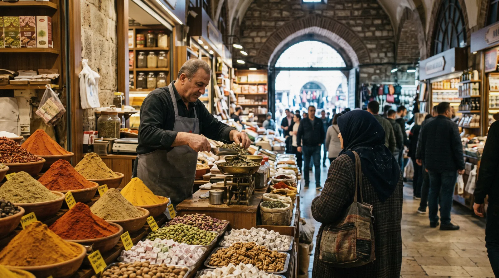 Mounds of spices and Turkish delight under the vaults of the Spice Bazaar in Istanbul, Türkiye
