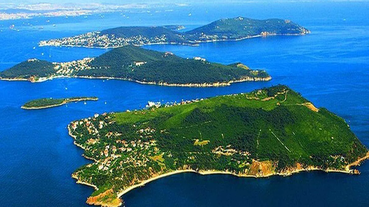 Wooden mansions above the harbour on Heybeliada in the Princes Islands, Istanbul, Türkiye