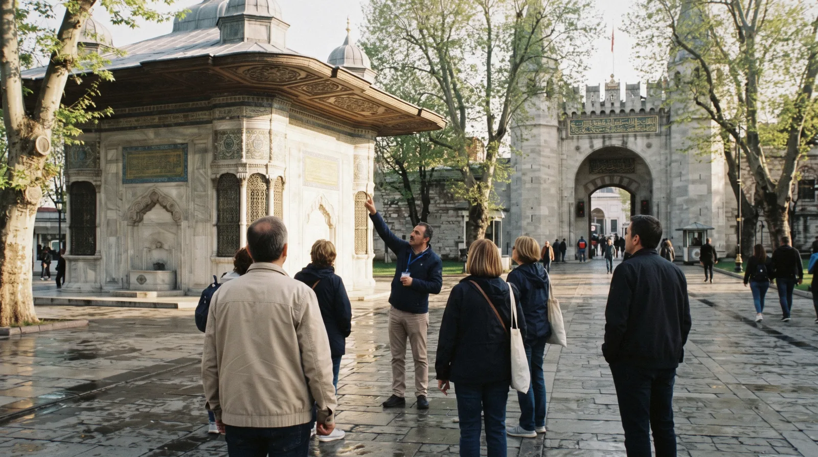 A guide with a small group in front of the Imperial Gate of Topkapı Palace, one of the Istanbul tours compared on this page